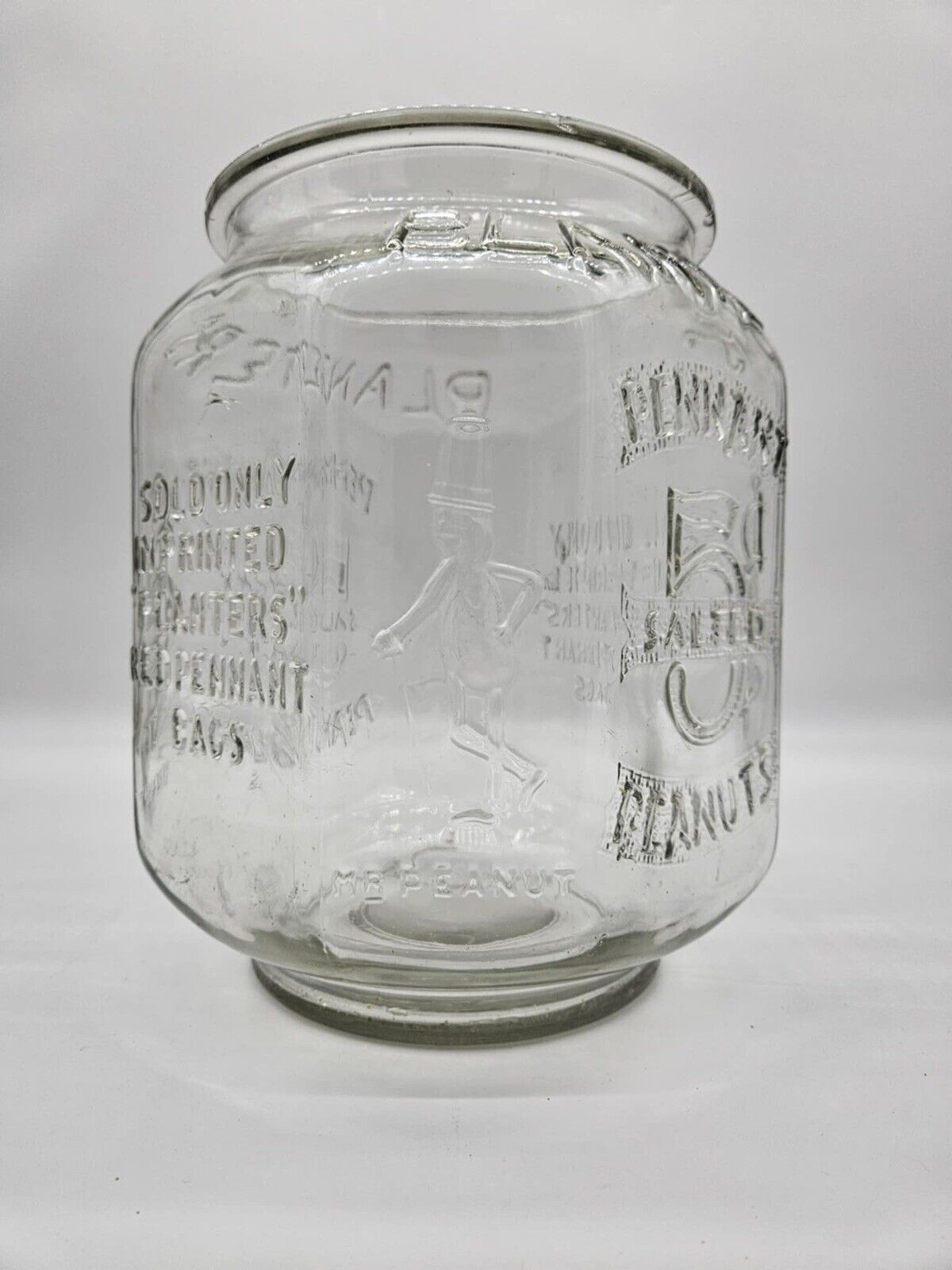 VTG Planters Mr Peanut Large Glass Jar Pennant 5 Cents Embossed 12” Tall 1970s