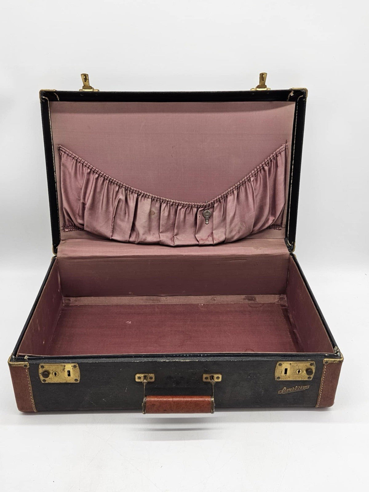 Vtg '40s Carilite Suitcase Luggage 25x16x8 "Tweed And Leather" Brown
