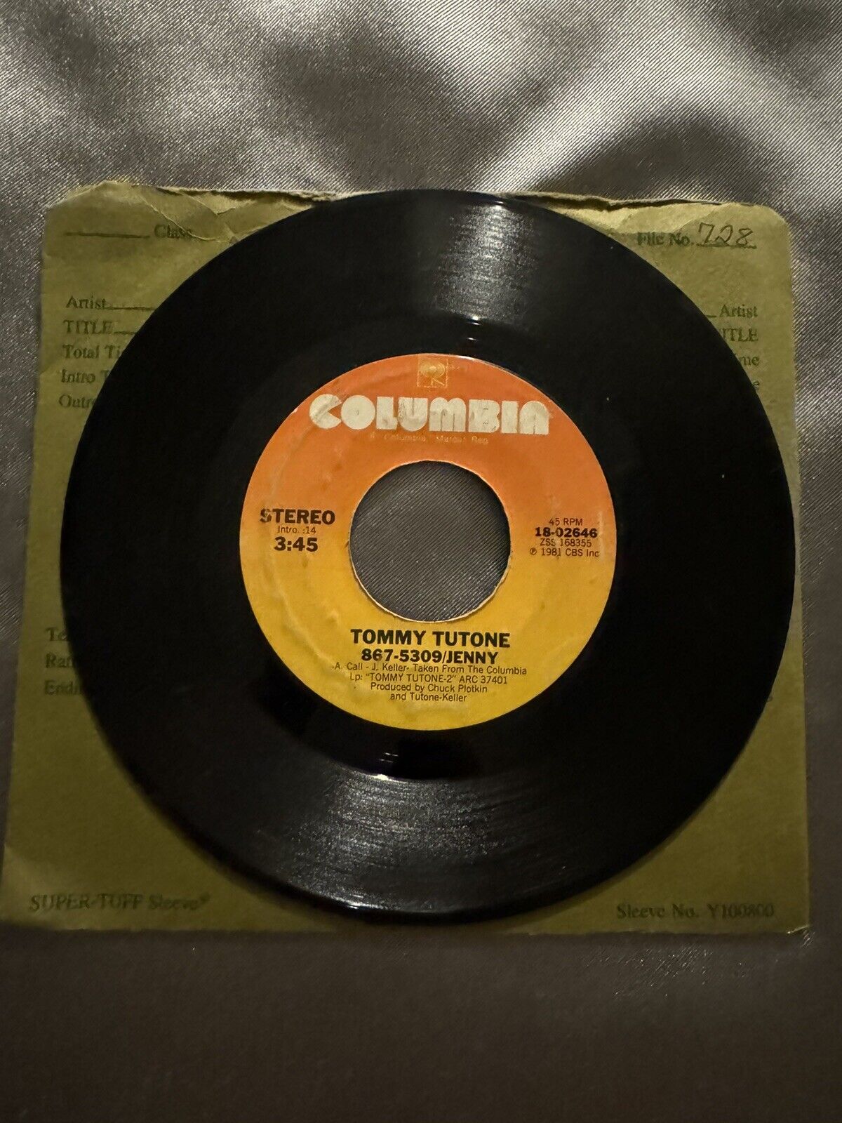 1981 TOMMY TUTONE "867-5309 / JENNY" 45 rpm 7"