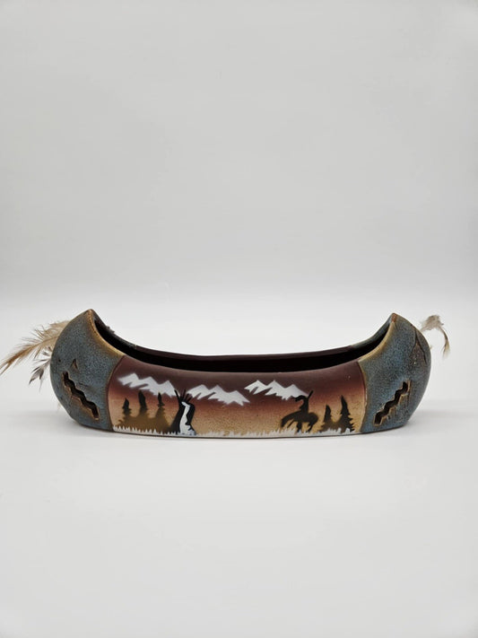 Vintage Navajo Art Hand Painted Cly Canoe w/ Feathers