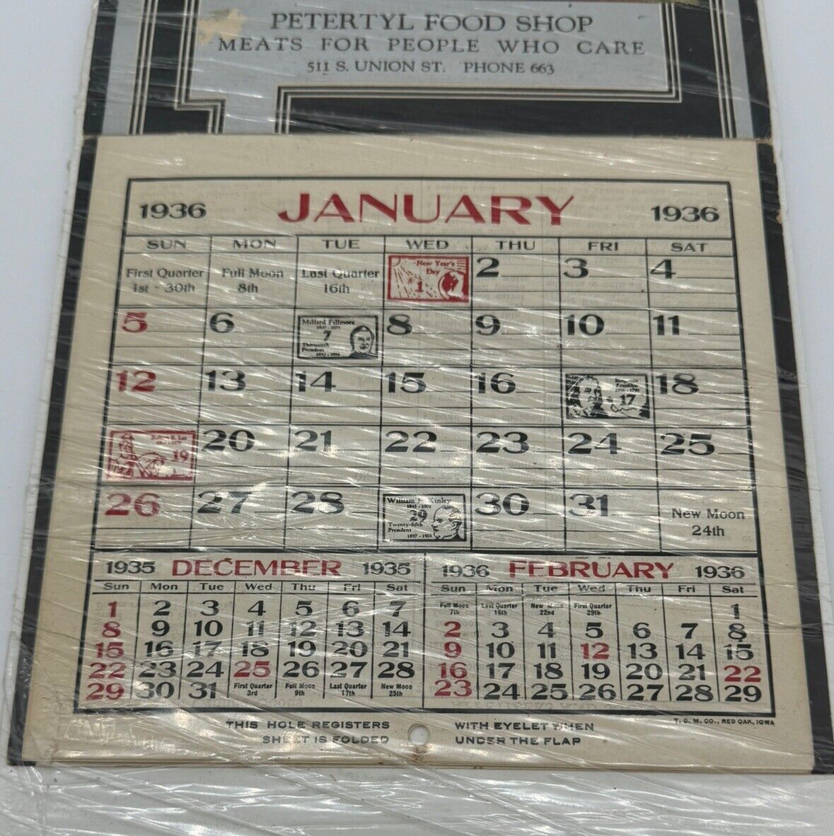 vintage PETERTYL FOOD SHOP 1936 Calander