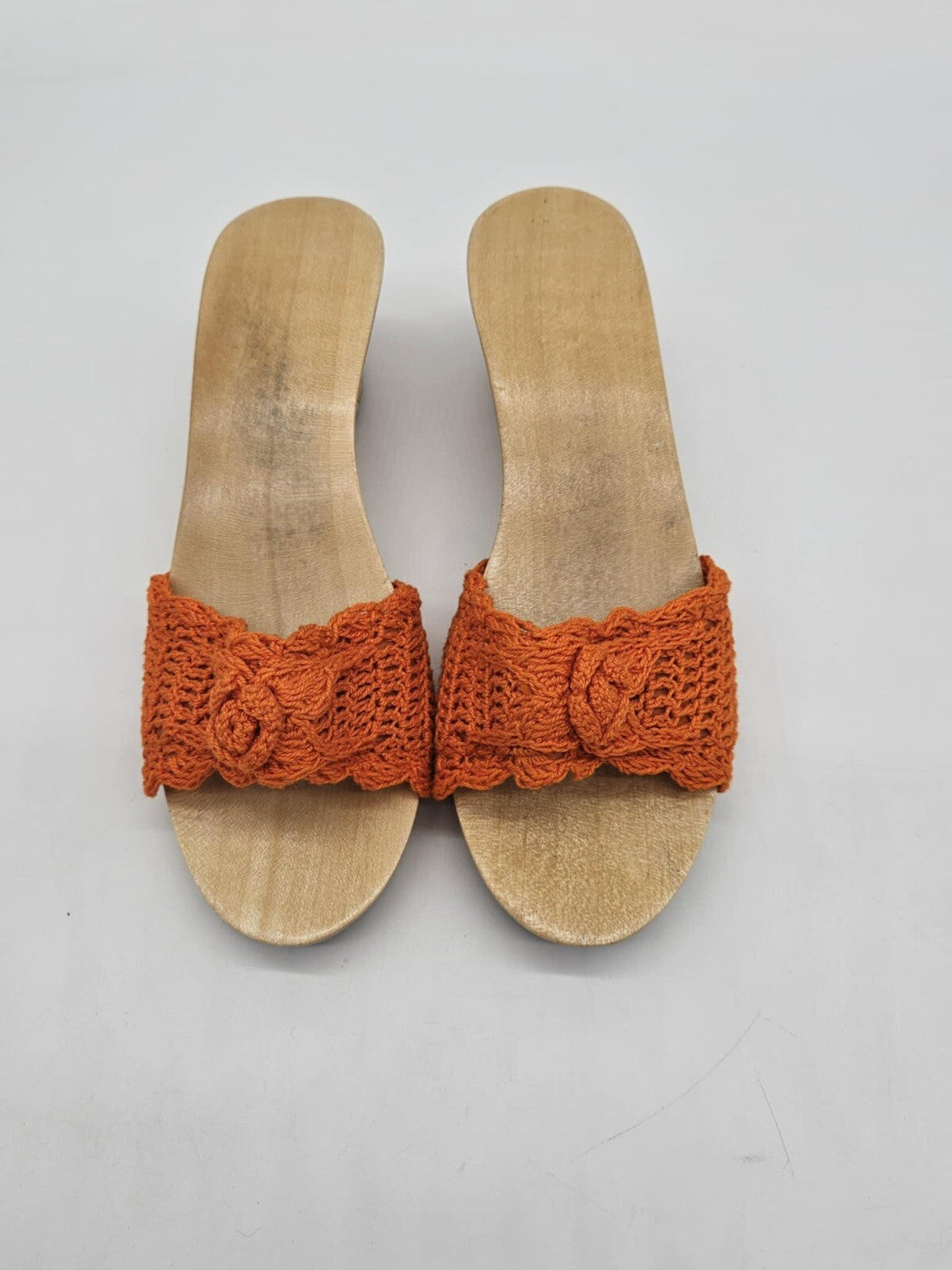 70s Vintage Tiki Carved Wood Crochet Knit Wedges Mules Sandals Deadstock