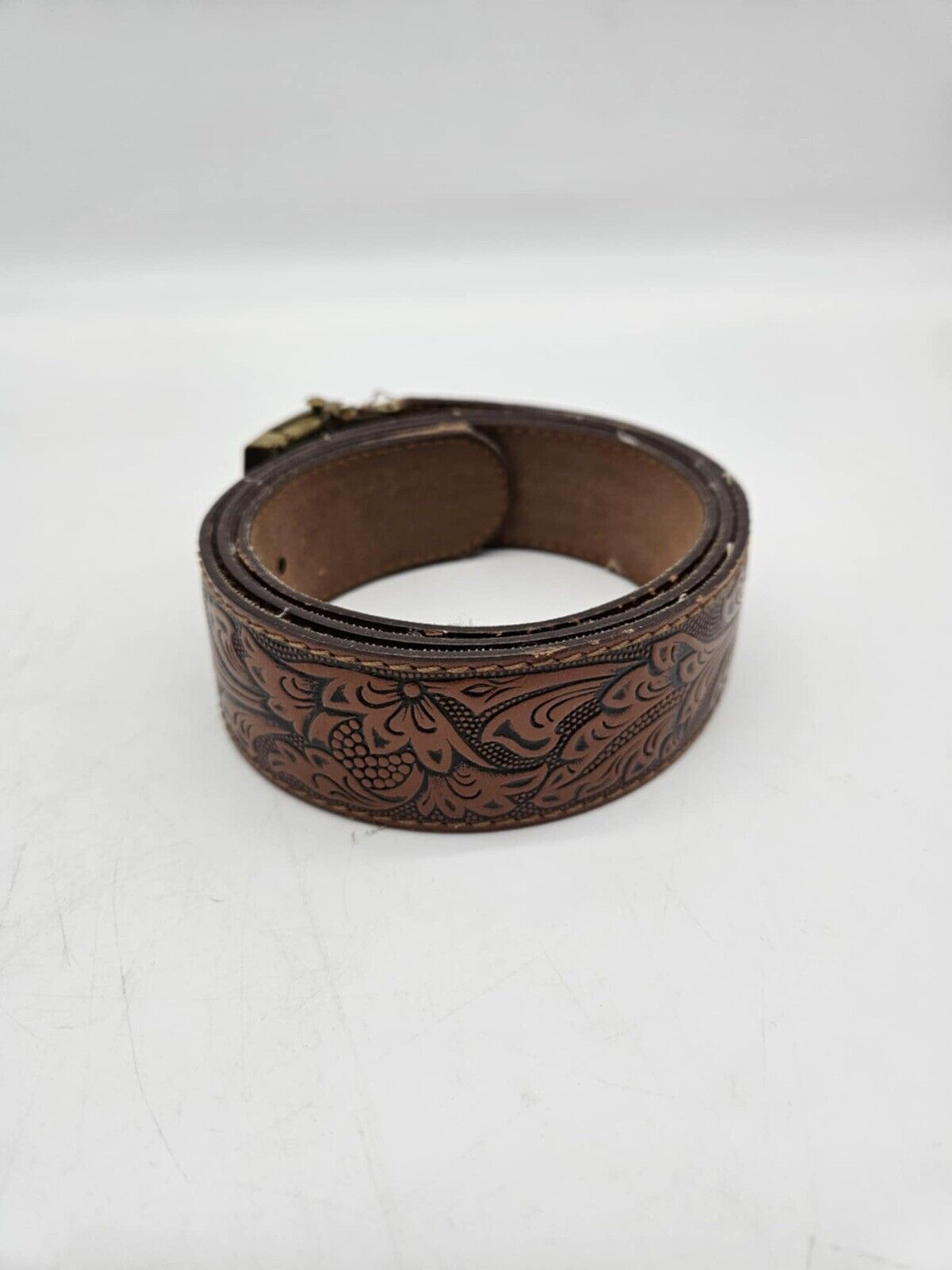Vintage Western Leather Belt 2'' Tool Floral Coffee & Brass Belt Buckle