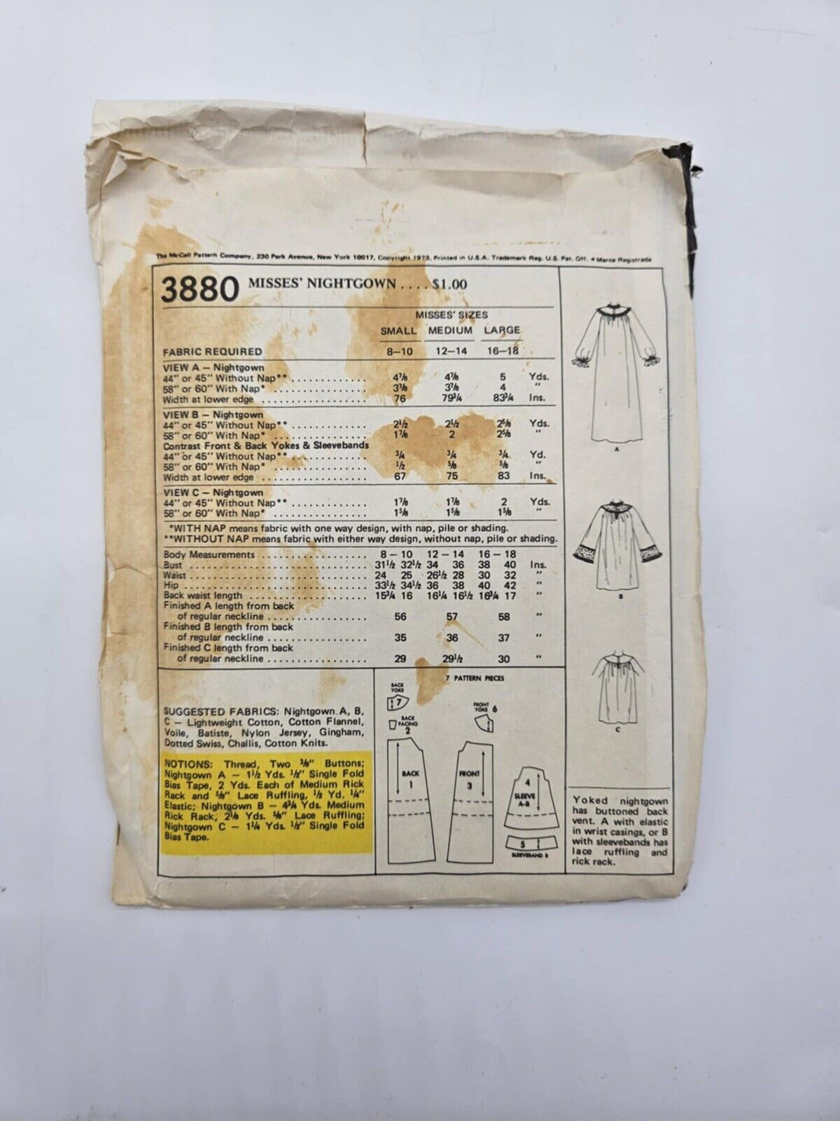 3880 Vintage McCalls SEWING Pattern Misses 1970s Pullover Nightgown Sleepwear M
