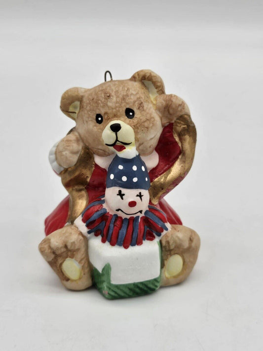 Christmas Decoration Ornament Teddy Bear w/ Jack In The Box Poly-Resin 3"x4"