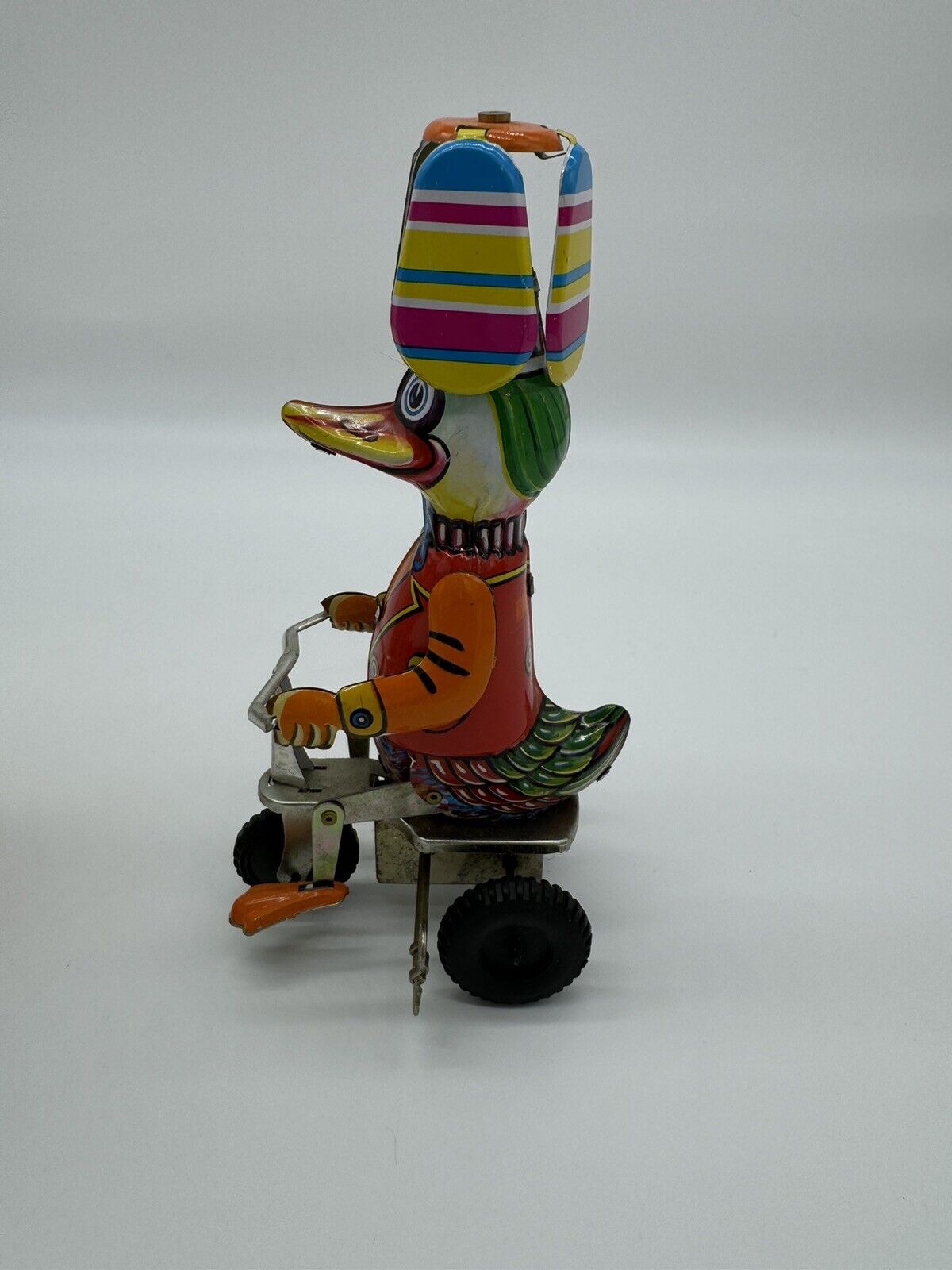 Vintage Tin Duck On A Bike Mechanical Wind Up Toy Works Great!!