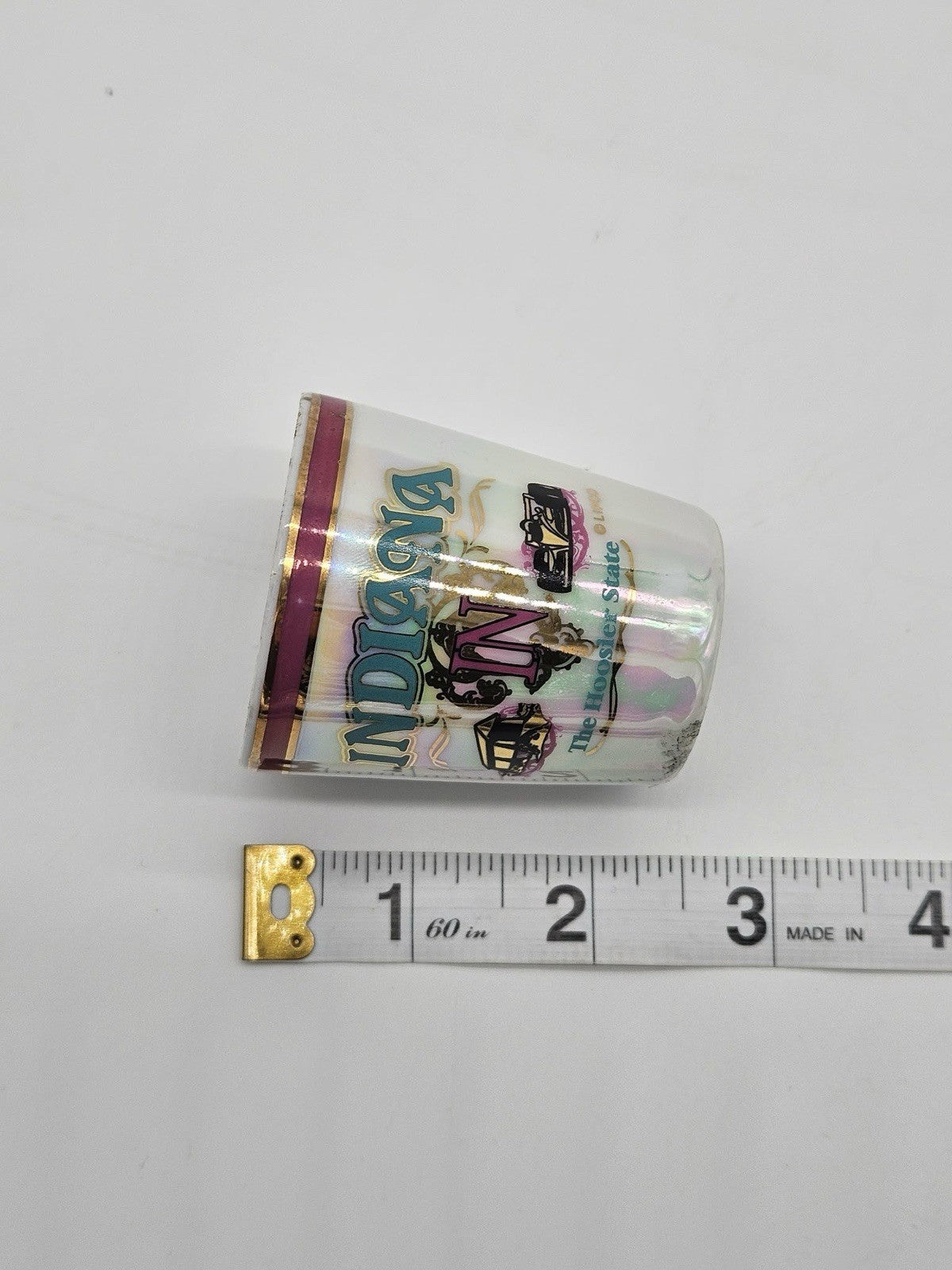 Vintage Indiana IN The Hoosier State Iridescent Porcelain Souvenir Shot Glass