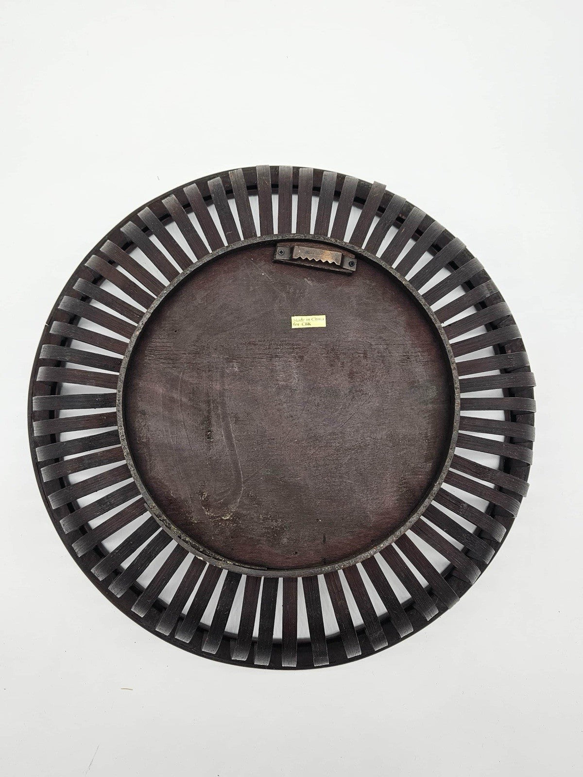 VTG Rattan Woven Basket Trim Slanted Wood Mid Century Modern Oval Hanging Art