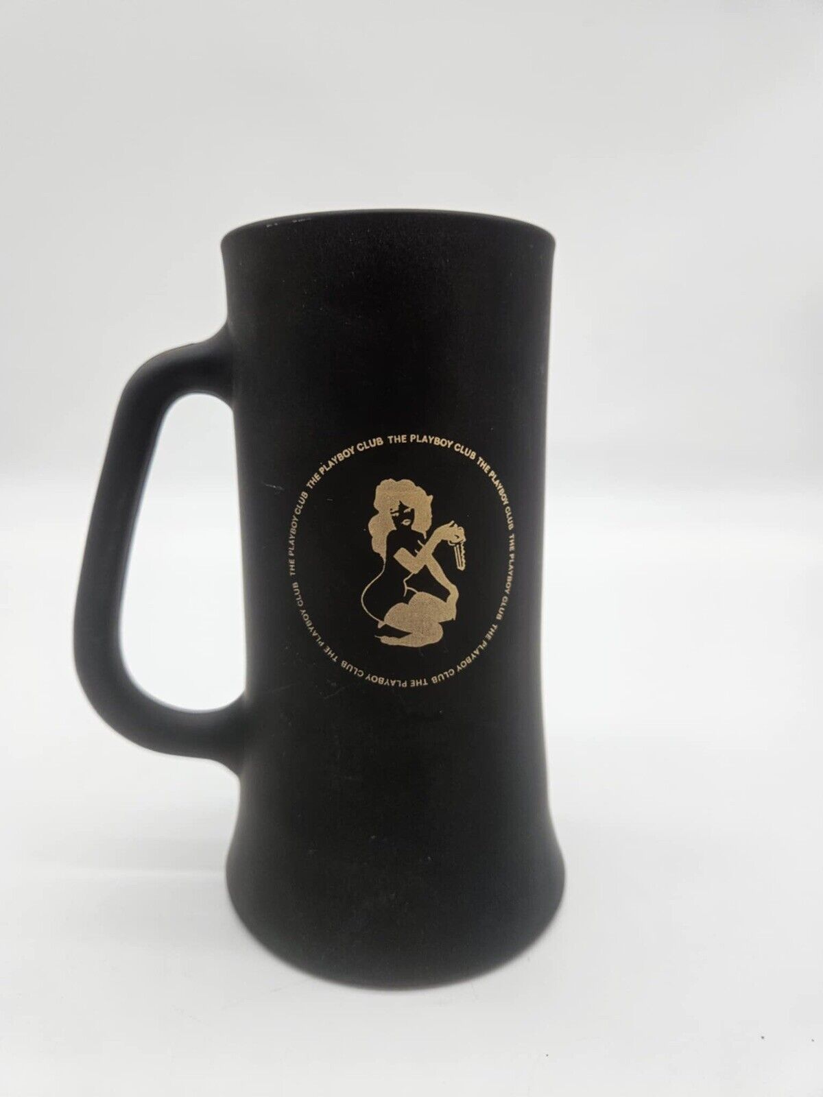 Vintage Playboy Club Bunny Gold Logo Matte Black Frosted Glass Beer Mug Stein