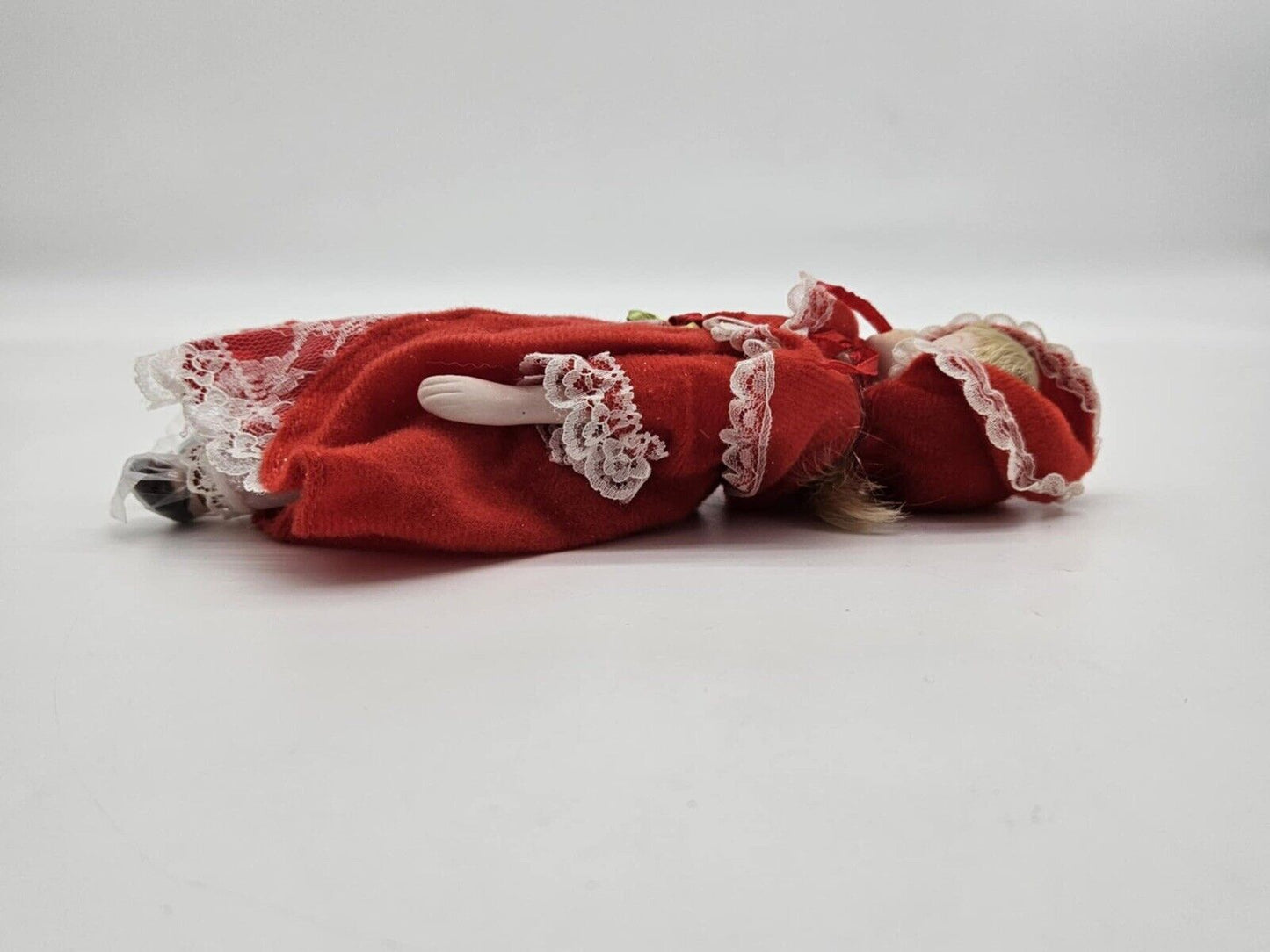 Bisque Porcelain 9" Doll Wearing Red Dress W/Shawl & Hat Black Painted On Shoes