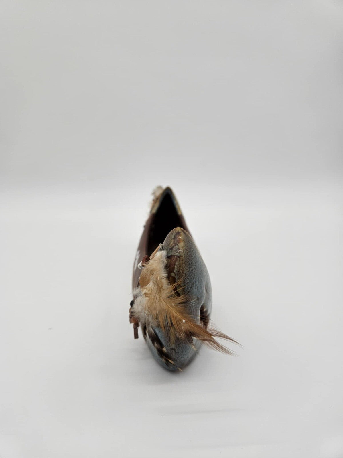 Vintage Navajo Art Hand Painted Cly Canoe w/ Feathers