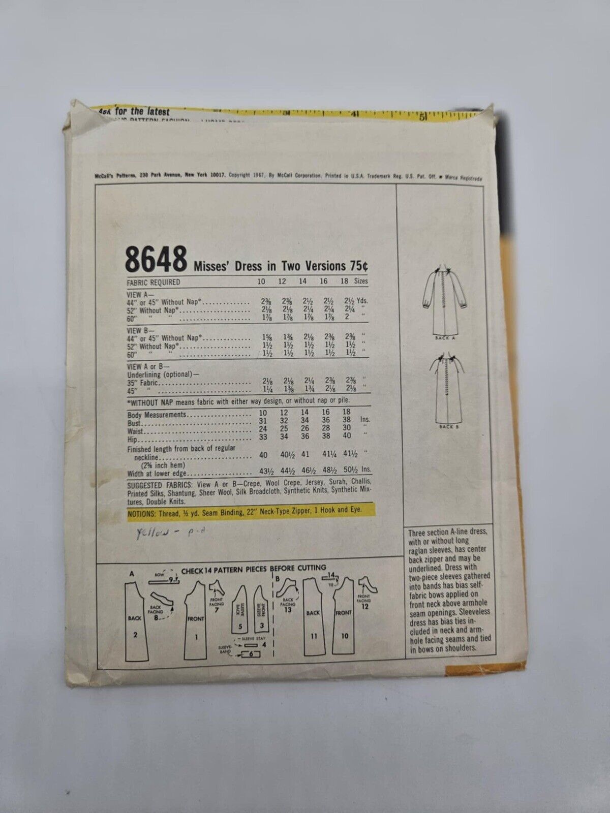 Vintage Simplicity Sewing Pattern 8648 Misses Dress 2 Versions Size 10 Bust 31