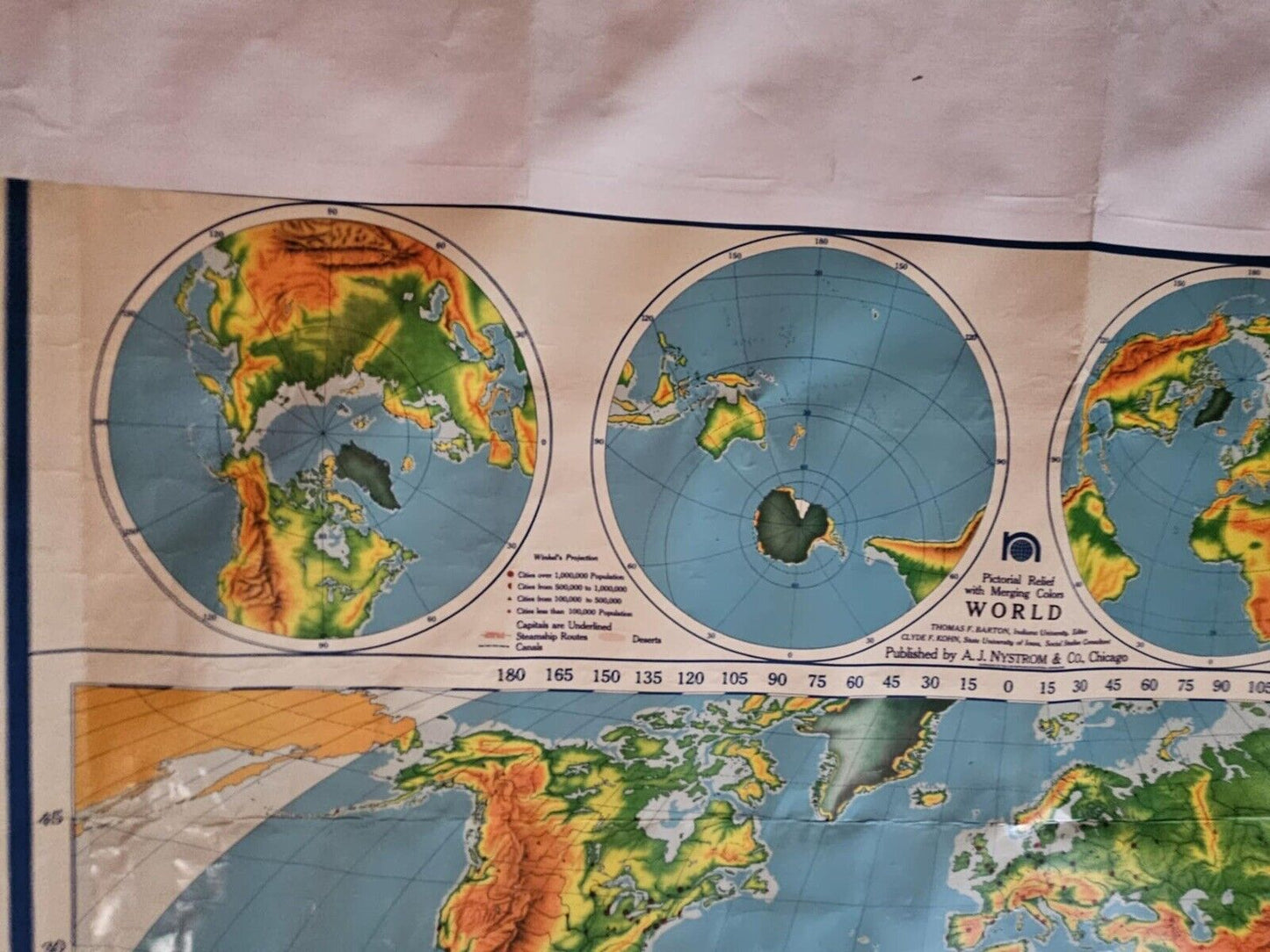 1960 A.J. Nystrom Pictorial Relief Map of the World with merging colors PR98