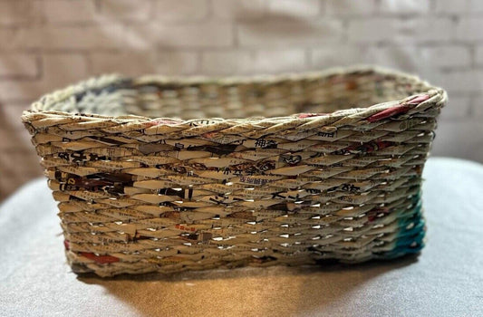 Basket Made from Chinese Newspapers with Integrated Handles, 12" x 9” x 5” TNO