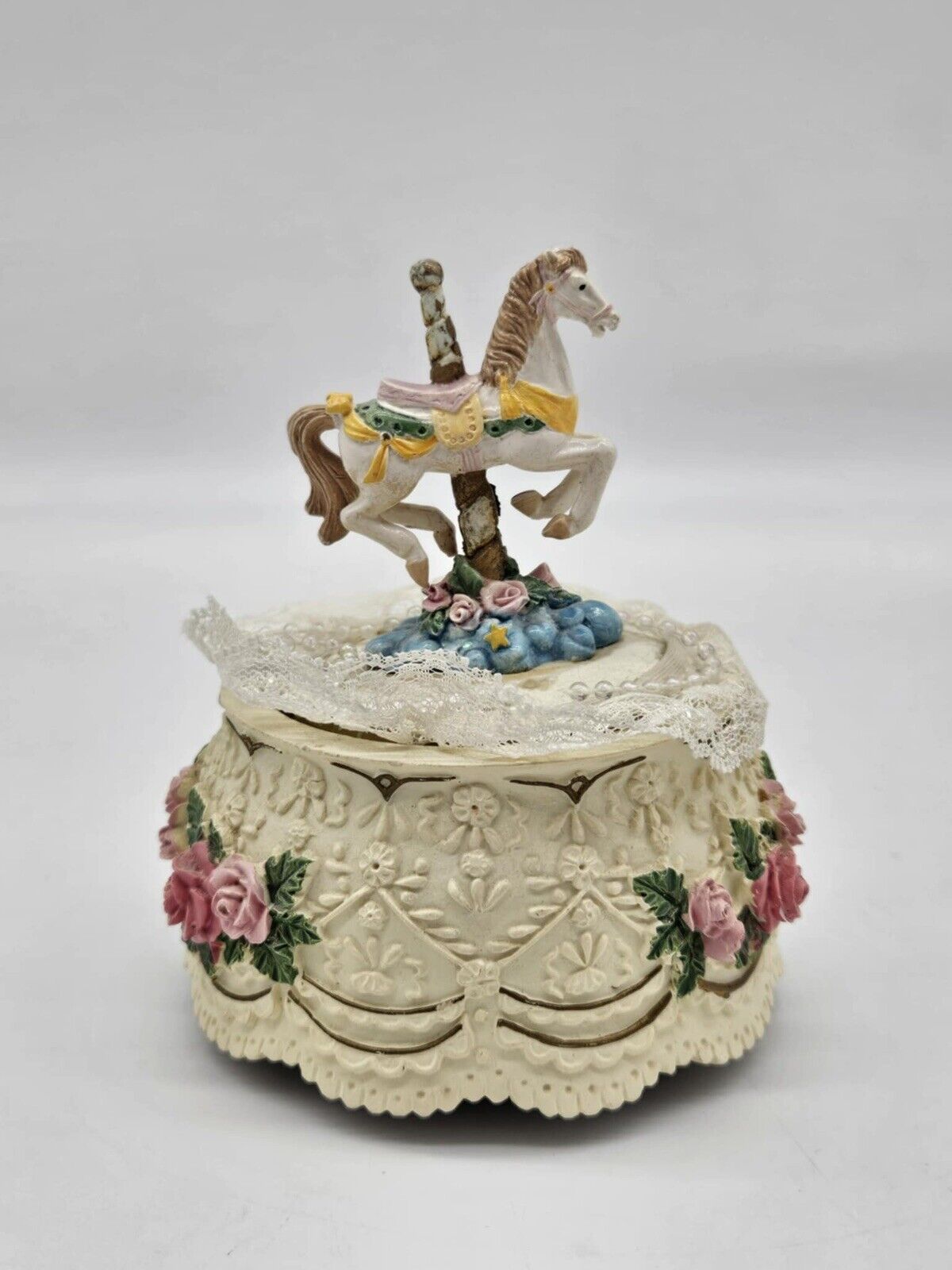Vintage Musical Carousel Horse Pink Roses Yellow Ribbons