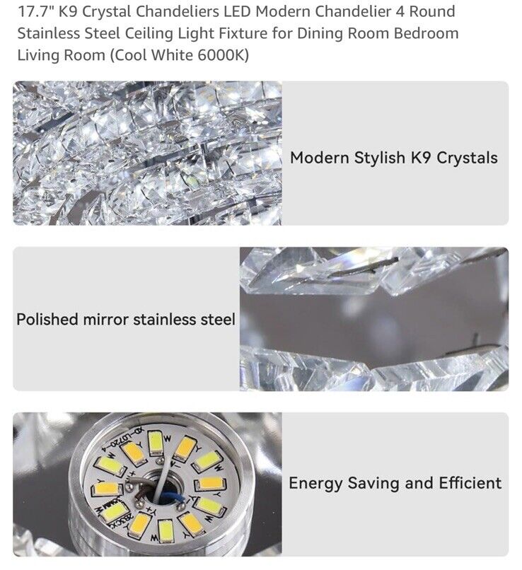 NIB 17.7" K9 Crystal Chandeliers LED Modern Chandelier 4 Round Stainless Steel