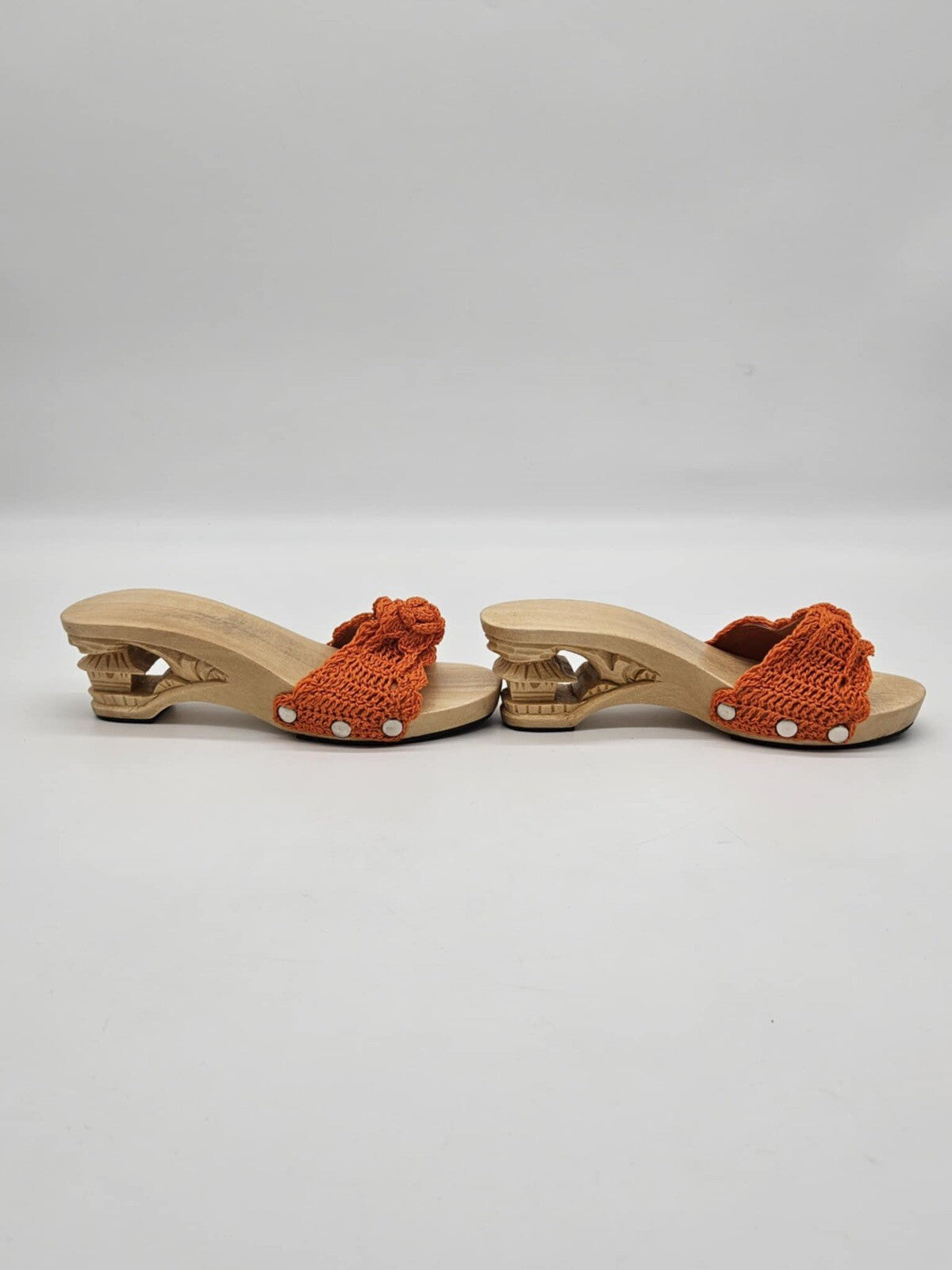 70s Vintage Tiki Carved Wood Crochet Knit Wedges Mules Sandals Deadstock