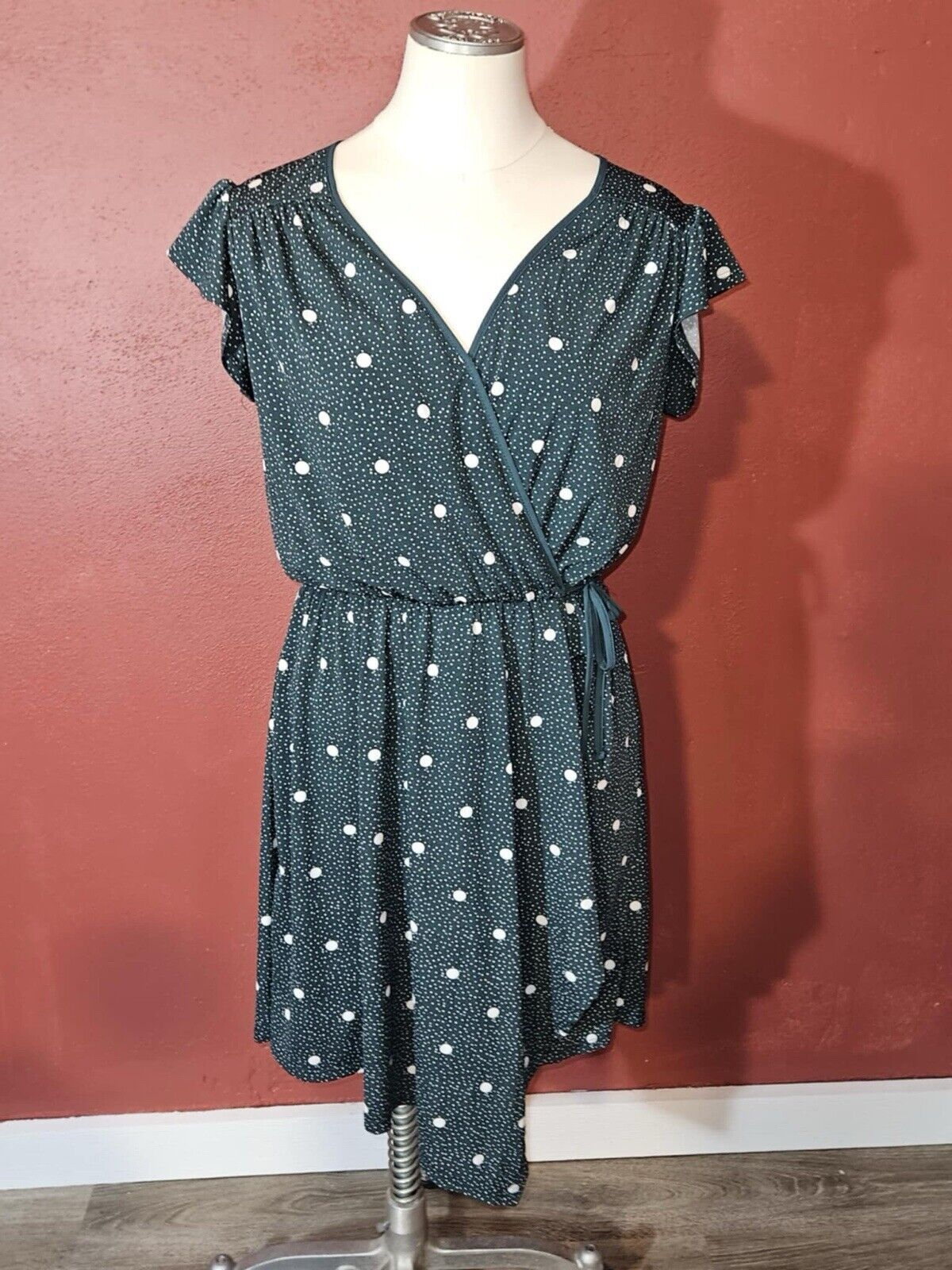 Maurices Green Polka Dot Faux Wrap Dress Sz Small WCLTH