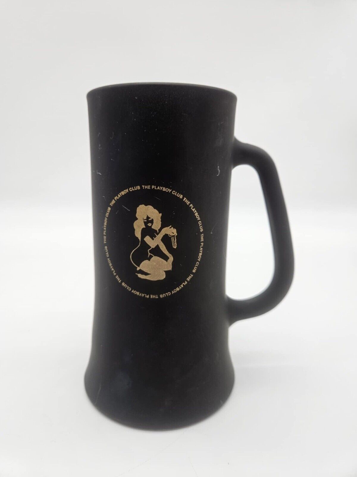 Vintage Playboy Club Bunny Gold Logo Matte Black Frosted Glass Beer Mug Stein
