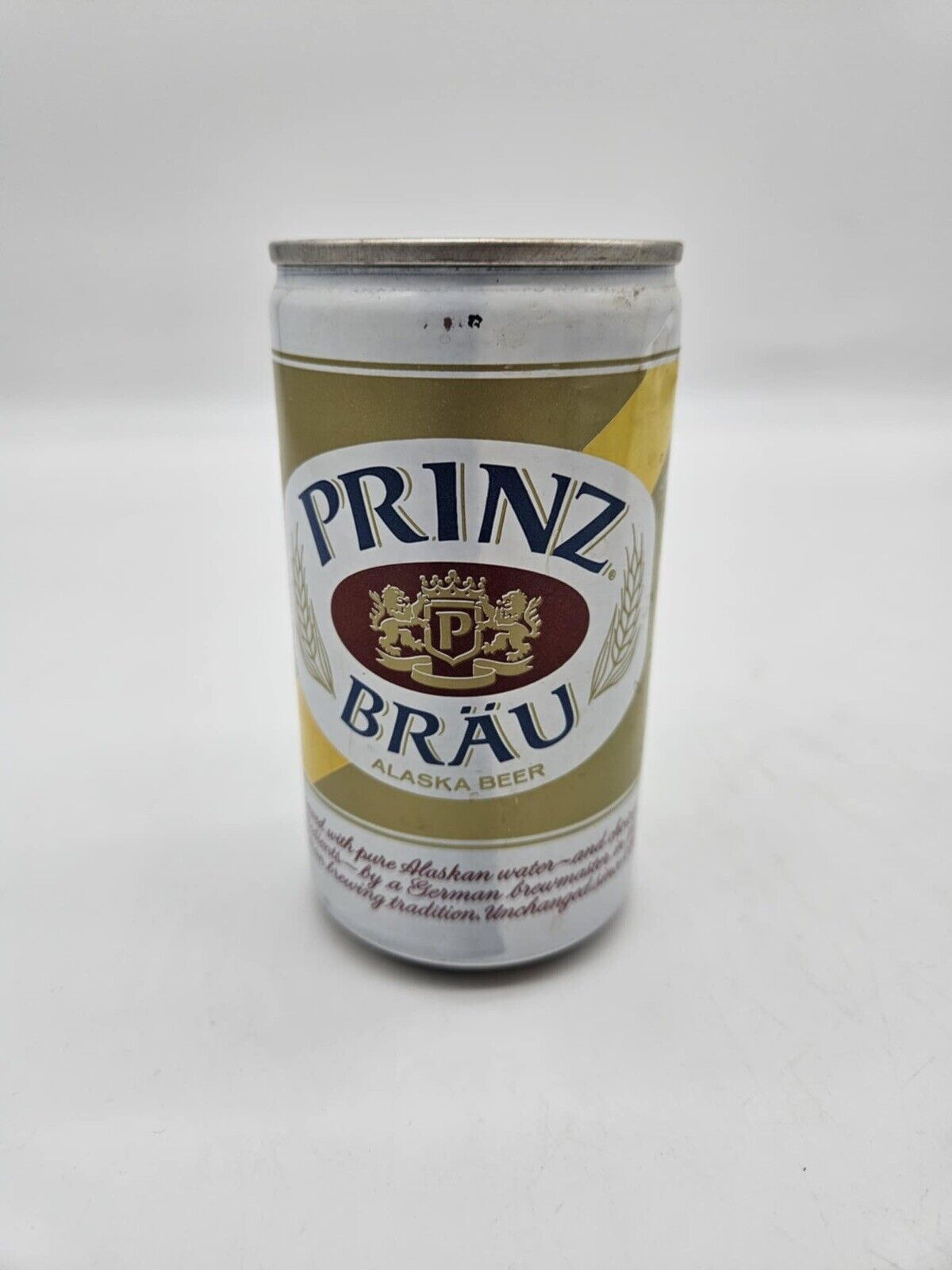 Prinz Brau Beer can, empty 12 oz, pull top can