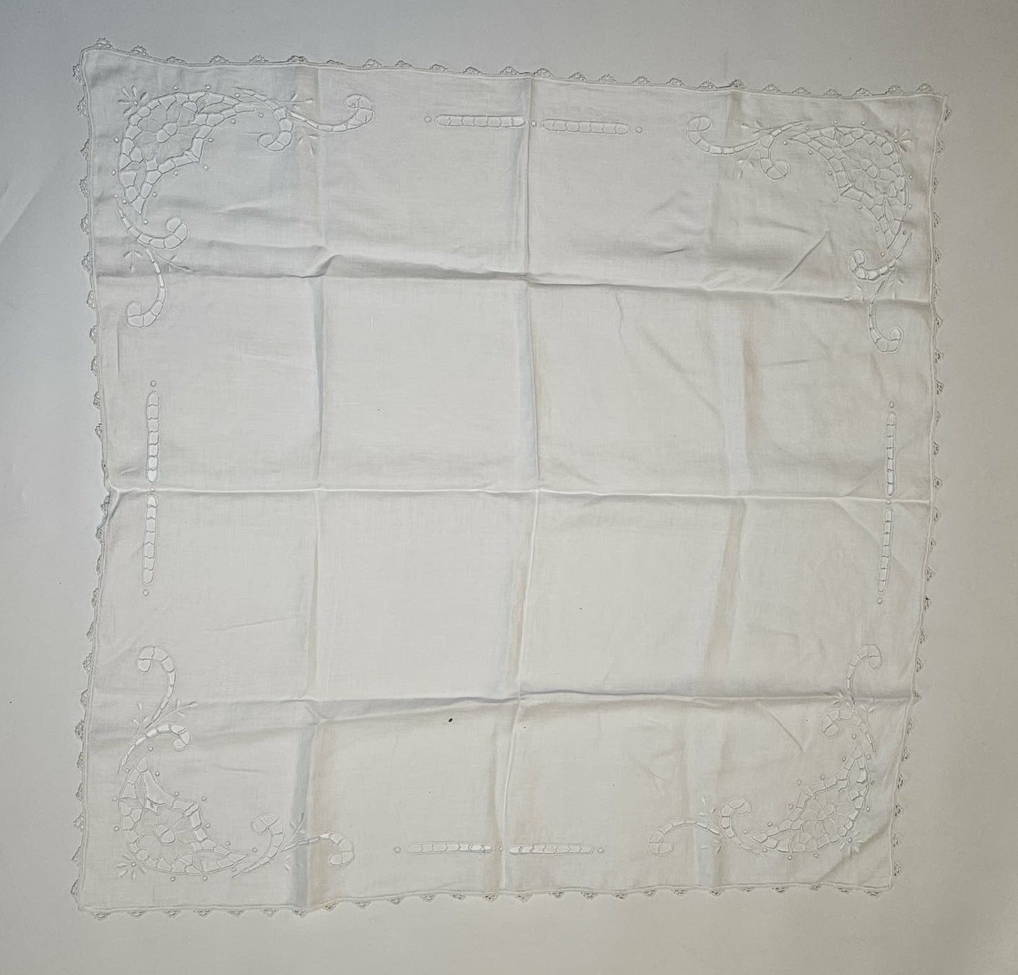 Antique Linen Tablecloth Intricate Lace Design Cut-Outs 34" X 35" Embroidered