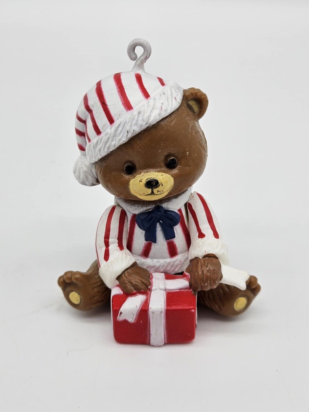 2 Vintage Christmas Teddy Bears In Pajamas With Present Ornament