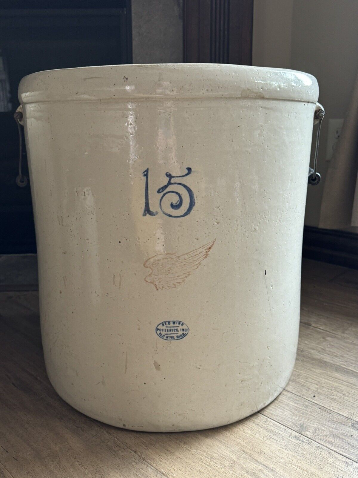 Antique Red Wing Union Stoneware 15 Gallon Crock W/ Wooden Handles