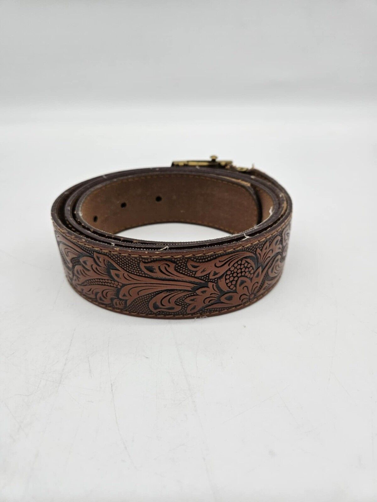 Vintage Western Leather Belt 2'' Tool Floral Coffee & Brass Belt Buckle
