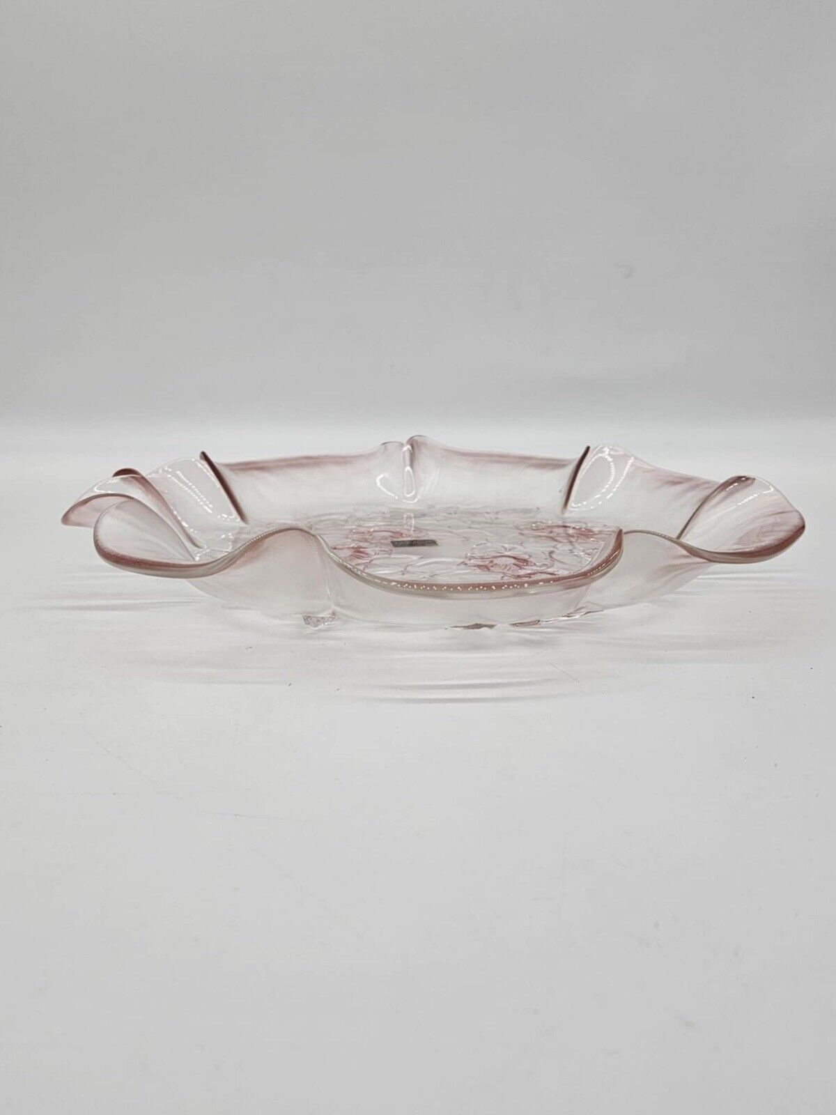 NEW Vtg Mikasa Rosella Ruffled Edge Pink Glass Tray Embossed Roses 13" x 1.5”