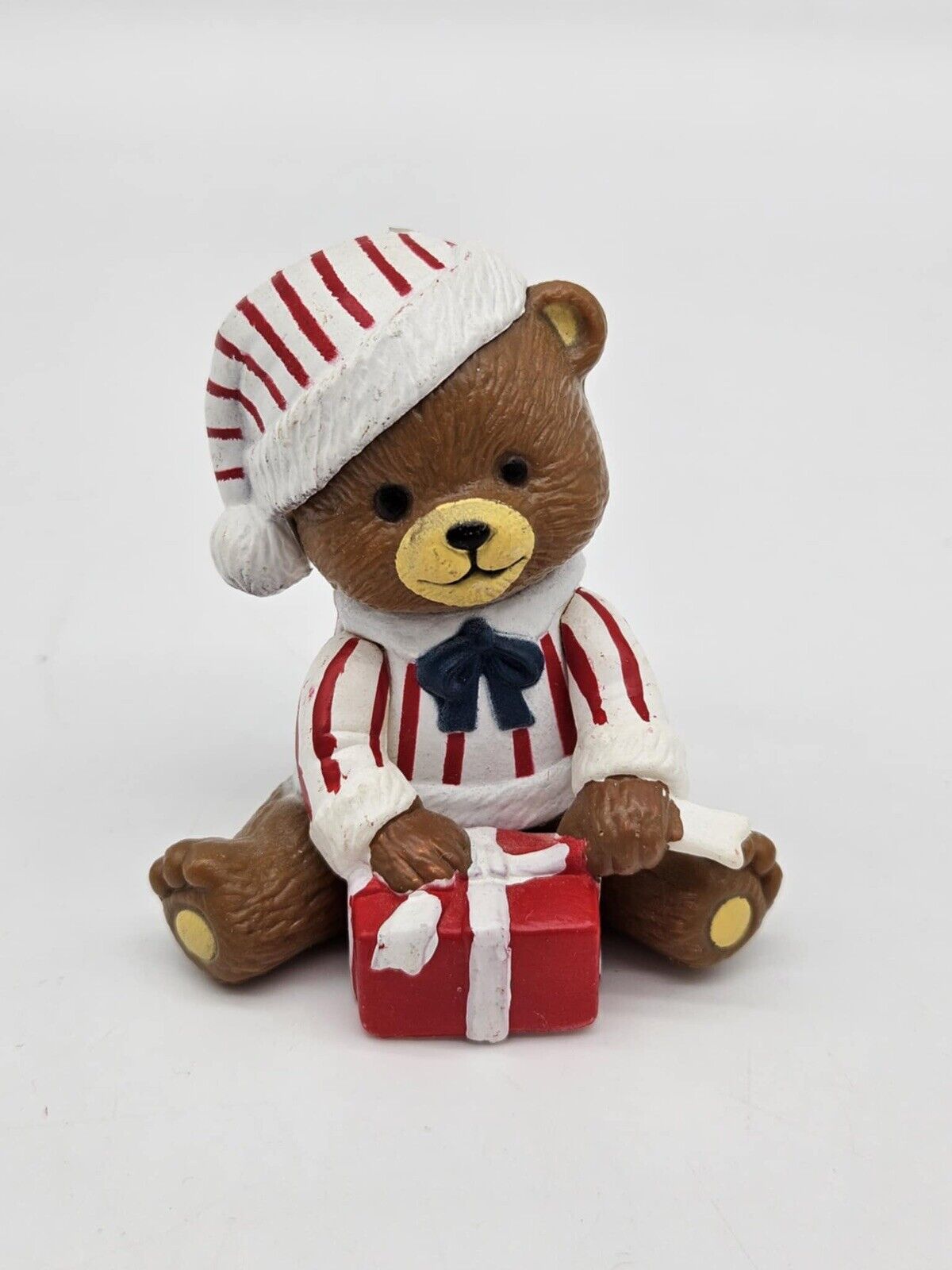 2 Vintage Christmas Teddy Bears In Pajamas With Present Ornament
