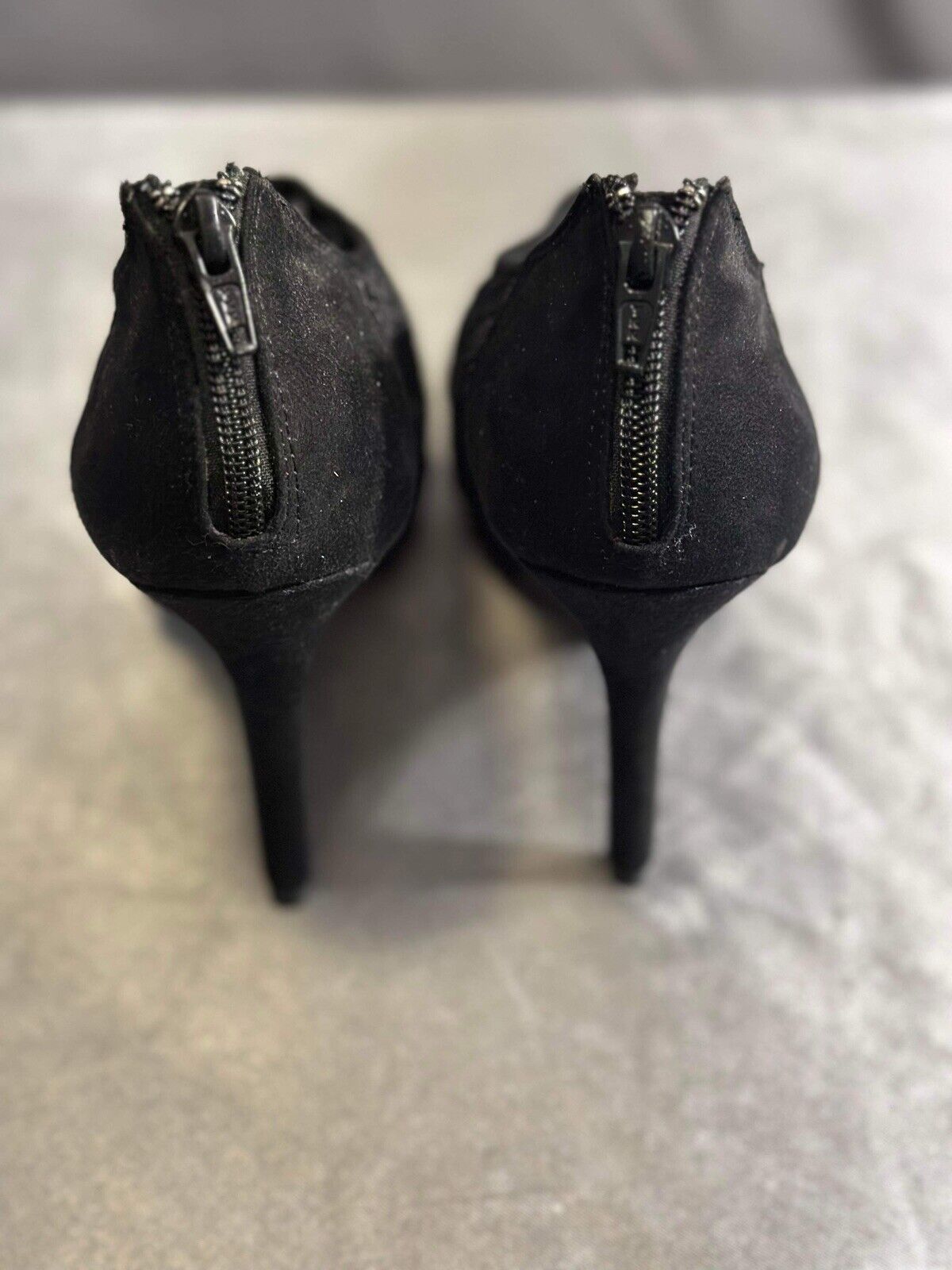 ELLE Women BLACK Suede & Lace Zip Back Open Toe High Pumps Shoes Sz 9 WCLTH
