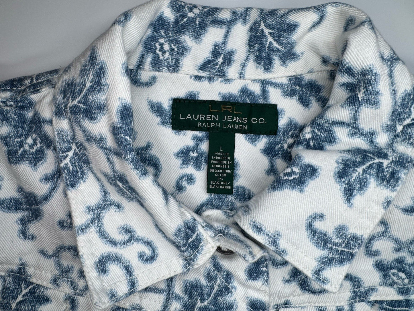Ralph Lauren Jeans Co Jacket Women’s L White Blue Denim Button Up Floral