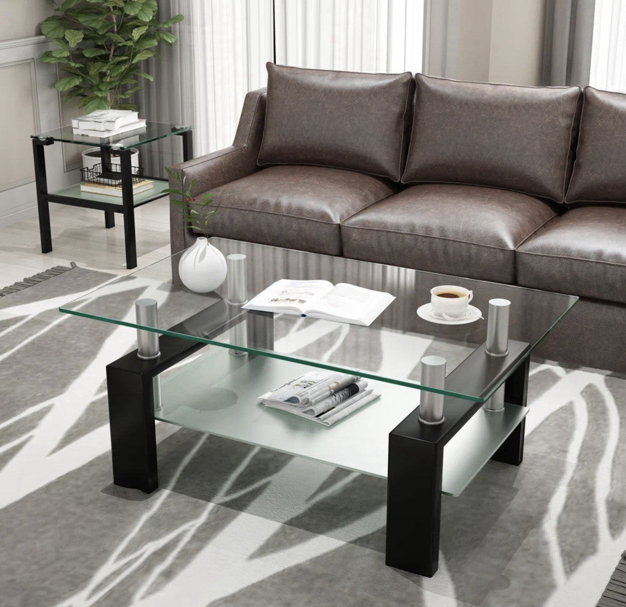 2-Tier Glass Coffee Table Living Room w/ Storage Shelves Tea Table Living Room