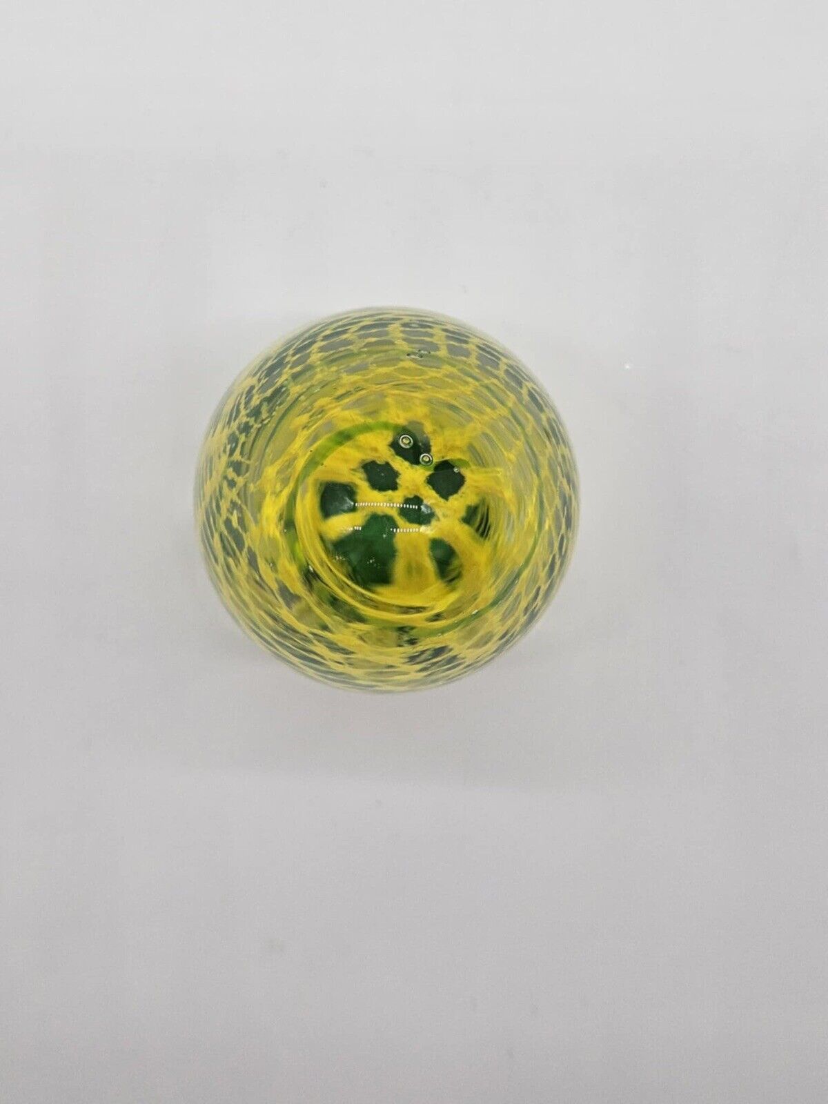Art Glass Paperweight Egg Yellow Mesh, Green Swirl