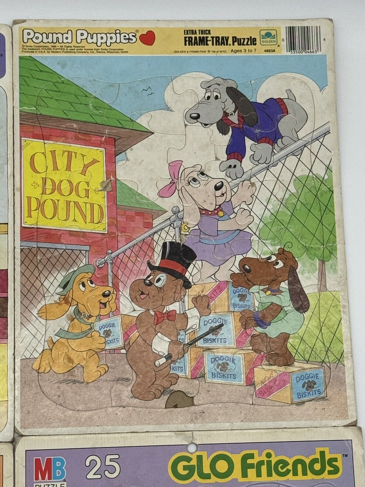 Set Of Four Vintage 80's Frame Tray Puzzles Smurfs Glo Friends Pound Puppies SS