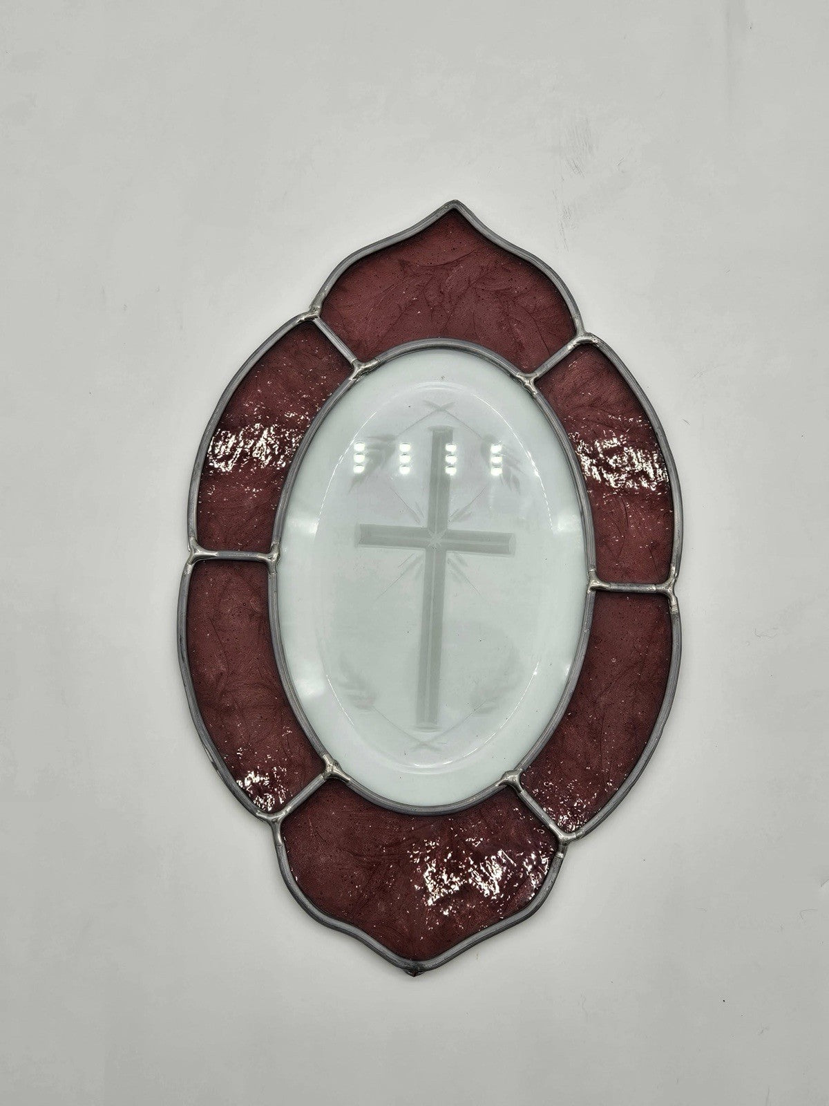OVAL GLASS Etched CROSS Suncatcher Pewter like Rim 9 X6 inches Religious RED
