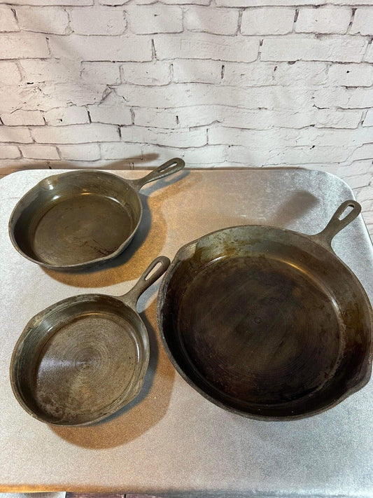 3 VINTAGE CAST IRON SKILLETS 6.5, 8 & 10 INCH