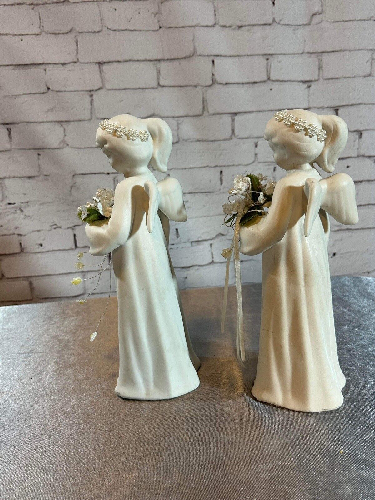 2 White Ceramic Bisque Angel Night Table Light Deco 10” Halo Lighted Flowers VFG