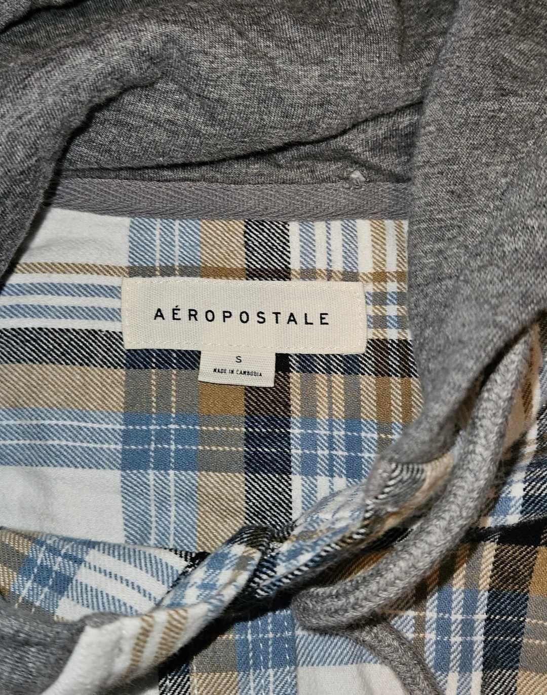 Men's Aeropostale Plaid Brown/Grey Flannel Button Down Shirt Hoodie ~ Sz Small