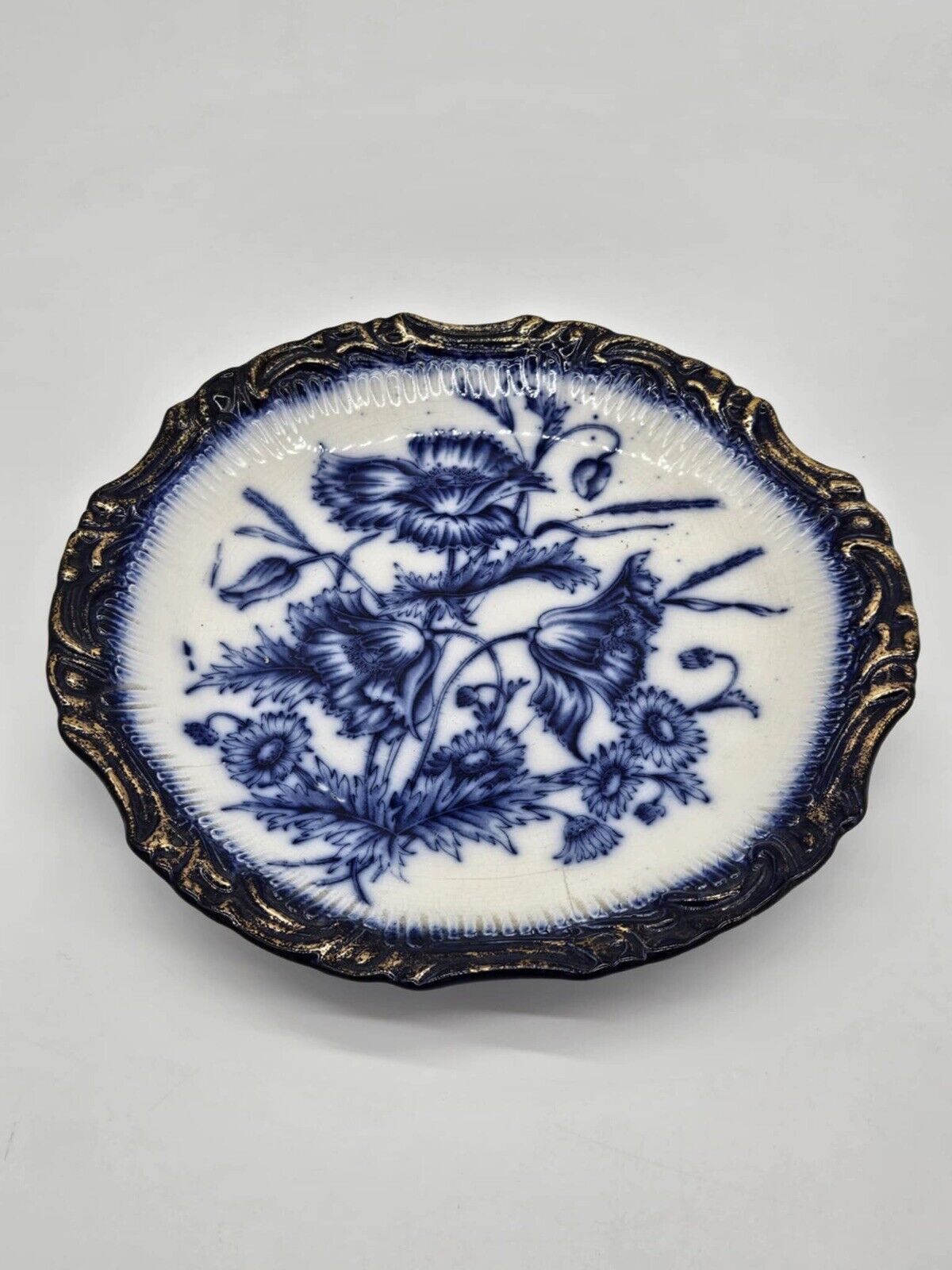 Antique Victorian Beautiful Flow Blue Poppies  Plate RD No 310363