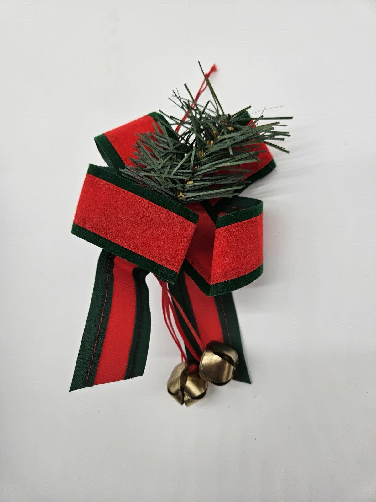 Vintage Red & Green Velvet Christmas Bow with Pinecone and Jingle Bells