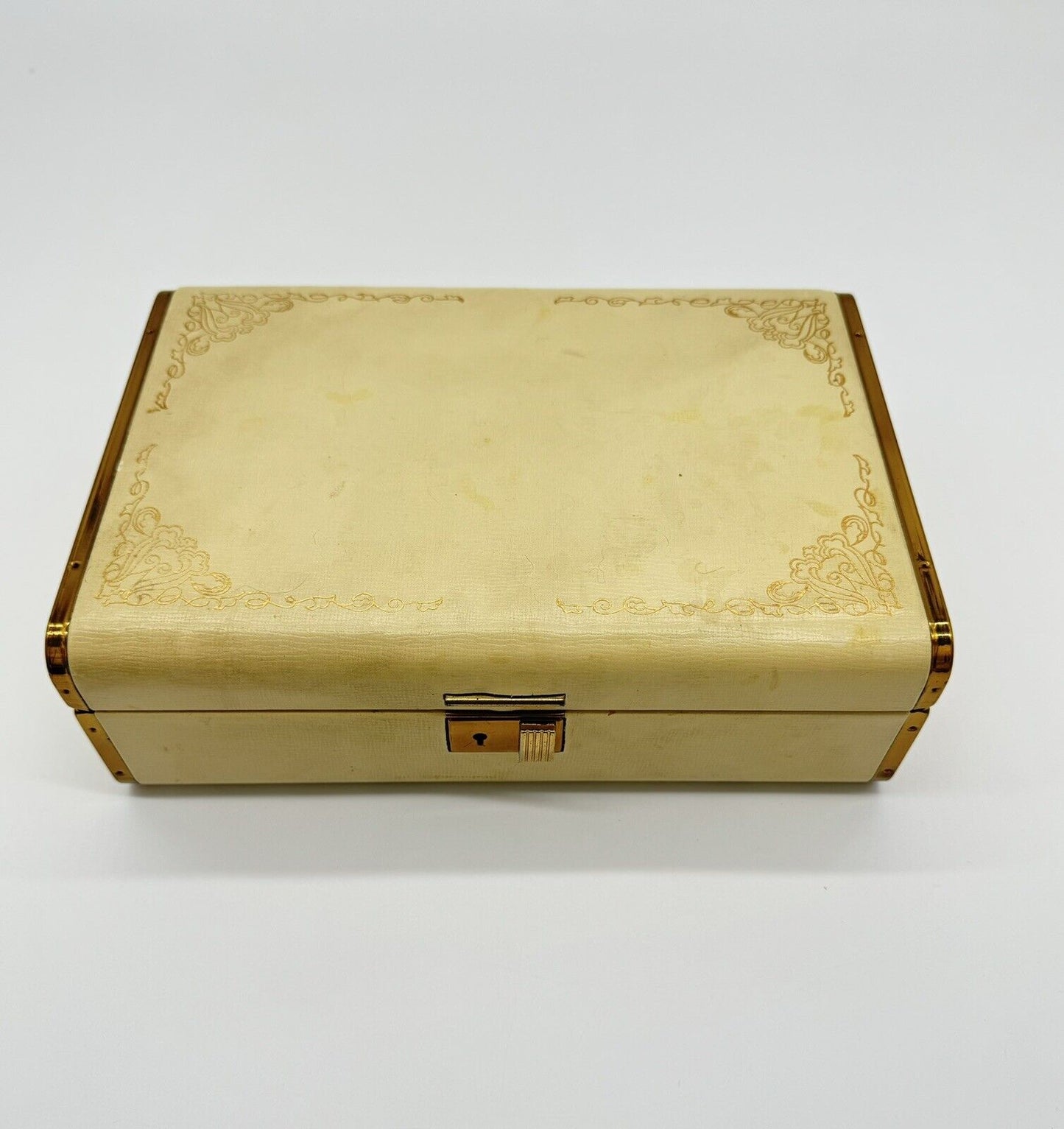 Vintage Farrington Jewelry Box Genuine Texol Cream & Burgundy Lining 10x6