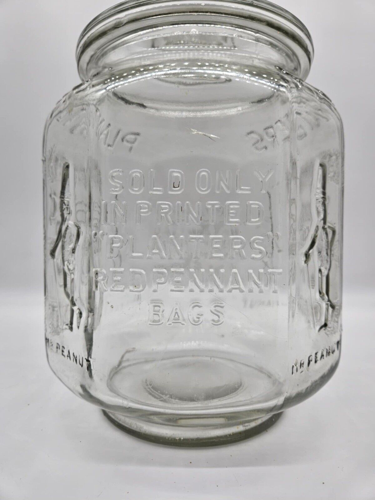 VTG Planters Mr Peanut Large Glass Jar Pennant 5 Cents Embossed 12” Tall 1970s
