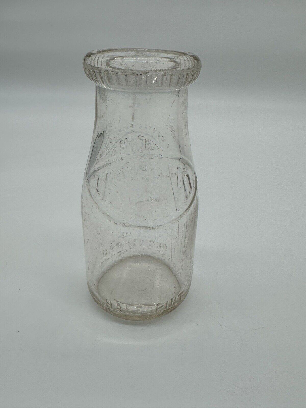 2 Vintage One Quart Glass Milk Bottles Embossed 3 Round