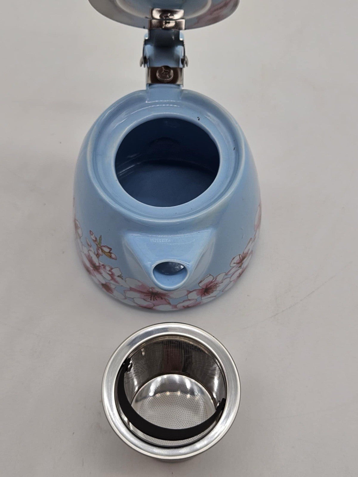 Alfred Ceramic Light Blue Floral Cherry Blossoms Stainless Steel Tea Pot Kettle