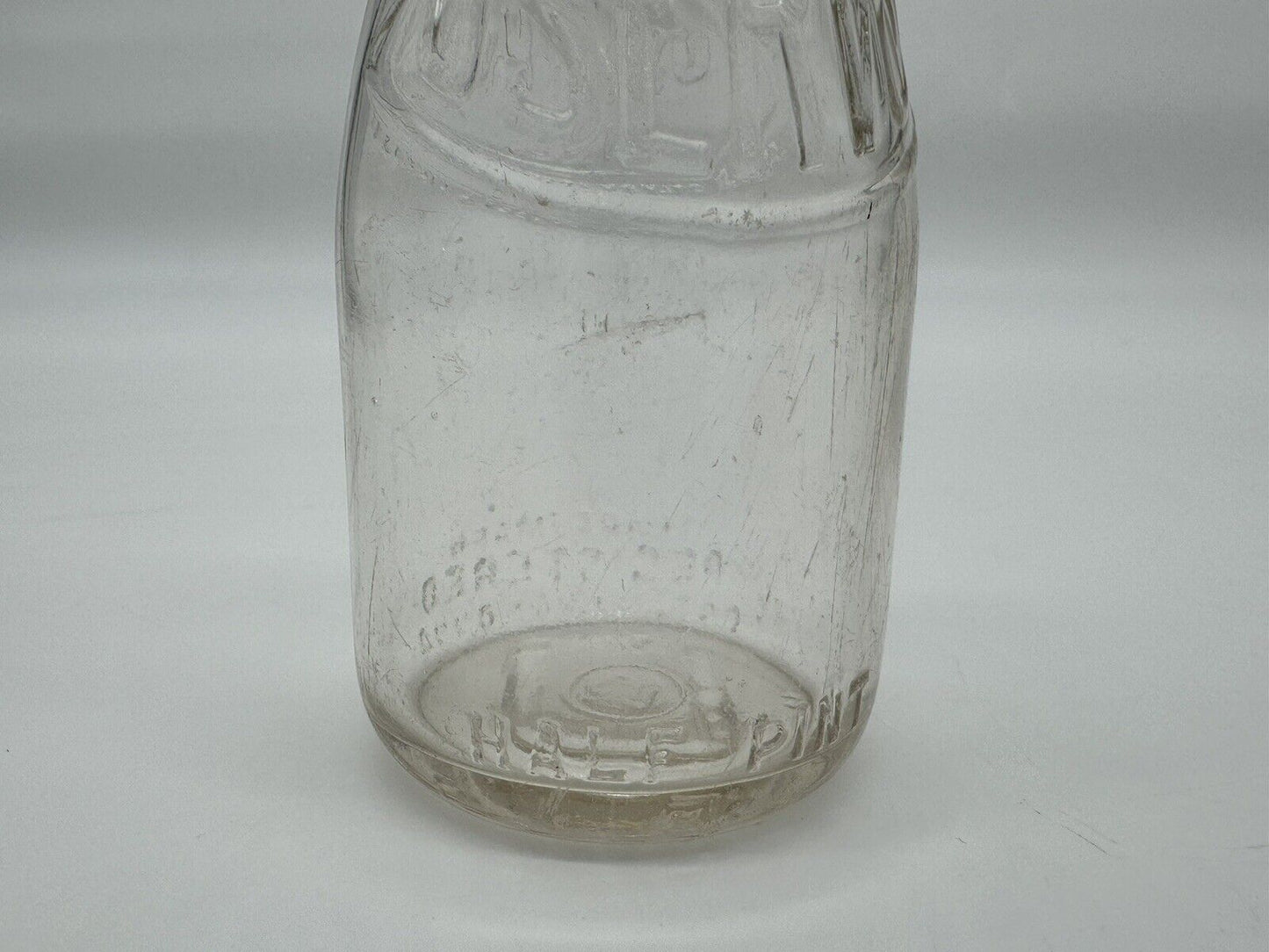 2 Vintage One Quart Glass Milk Bottles Embossed 3 Round