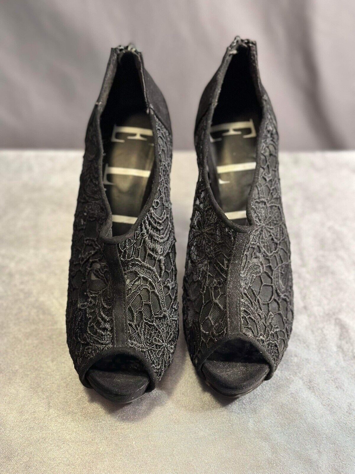 ELLE Women BLACK Suede & Lace Zip Back Open Toe High Pumps Shoes Sz 9 WCLTH