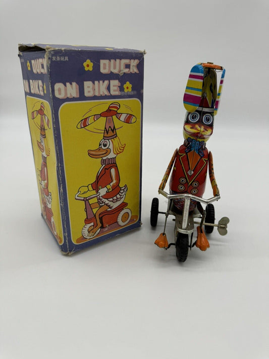 Vintage Tin Duck On A Bike Mechanical Wind Up Toy Works Great!!