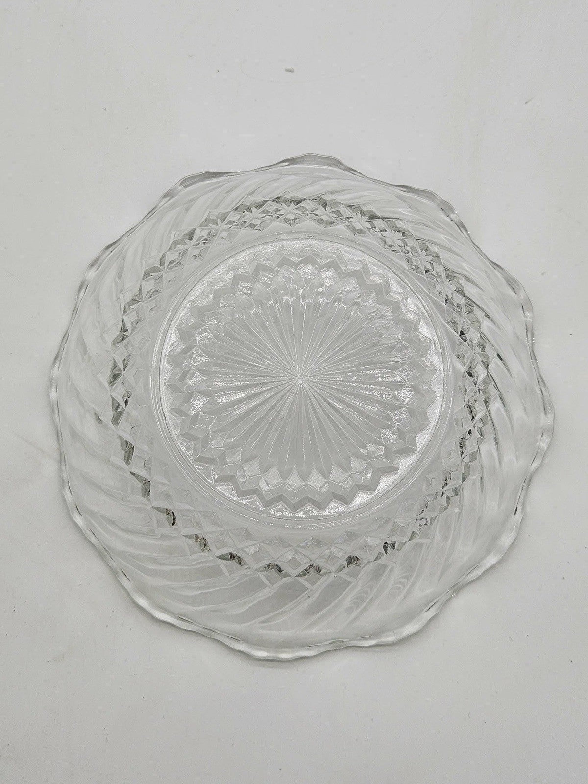 Vintage Pressed Glass Serving Bowl Scalloped Rim Swirl Diamond Starburst