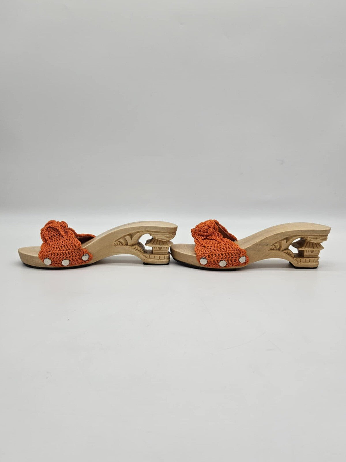 70s Vintage Tiki Carved Wood Crochet Knit Wedges Mules Sandals Deadstock